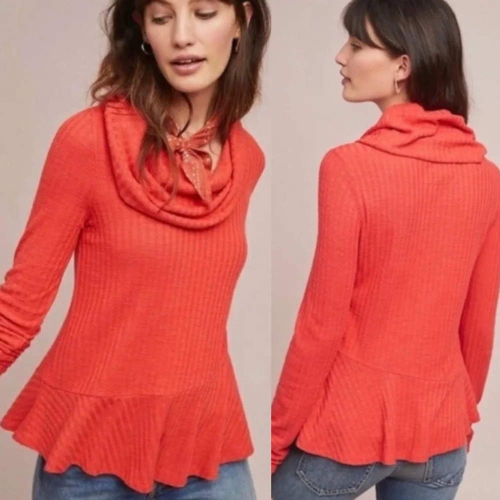 Anthropologie Maeve Winterscape Cowl Neck Waffle Knit Top Coral Small